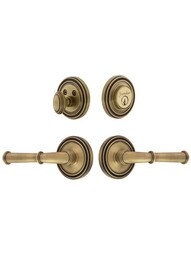 Grandeur Soleil Entry Door Set, Keyed Alike with Georgetown Levers Left Handed in Antique Brass.